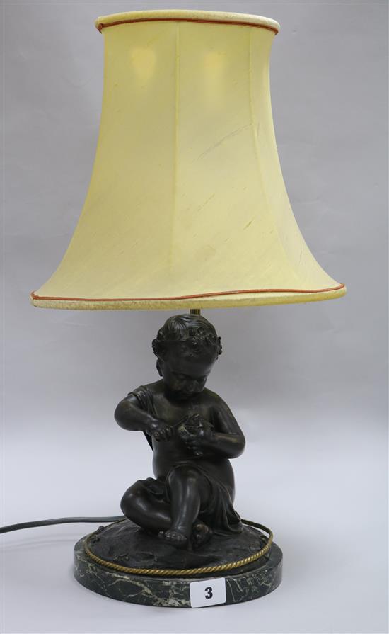 A late 19th century French bronze figure of a child holding a bird, now mounted as table lamp height to bronze 24cm